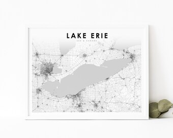 Stampa della mappa del Lago Erie, Poster artistico della mappa dei Grandi Laghi Michigan Ohio Pennsylvania New York USA Ontario Canada, decorazione dell'ufficio della parete della stanza della scuola materna