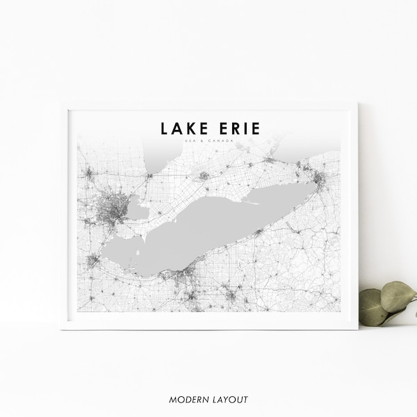 Lake Erie Map Print, Great Lakes Michigan Ohio Pennsylvania New York USA Ontario Canada Map Art Poster, Nursery Room Wall Office Decor