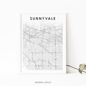 Sunnyvale CA kaart afdrukken, Californië USA kaart kunst poster, Silicon Valley, stad straat kaart afdrukken, kinderkamer muur kantoor decor, afdrukbare kaart