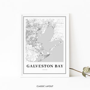 May include: Black and white map print of Galveston Bay, Texas. The map shows the coastline and major roads. The text "Galveston Bay, Texas" is printed below the map.