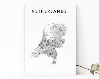 Impressão de mapa da Holanda, pôster de arte de mapa de estradas do país, Holanda Holanda Amsterdã, arte de mapa, decoração de escritório de parede de quarto de berçário, mapa imprimível