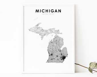 Michigan Map Print, State Road Map Print, MI USA United States Map Art Poster, Nursery Room Wall Office Decor, Printable Map