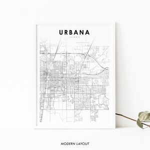 Stampa della mappa Urbana IL, poster artistico della mappa Illinois USA, stampa della mappa stradale della città di Urbana-Champaign, decorazione dell'ufficio della parete della stanza della scuola materna, mappa stampabile