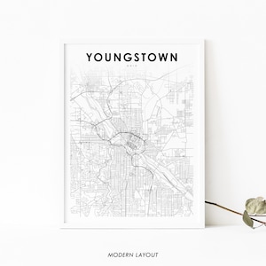 Impressão de mapa de Youngstown OH, pôster de arte de mapa de Ohio EUA, condado de Mahoning, impressão de mapa de estradas de rua da cidade, decoração de parede de quarto de berçário, mapa para impressão