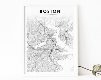 Downtown Boston MA Map Print, Massachusetts USA Map Art Poster, City Street Road Map Print, Nursery Room Wall Office Decor, Printable Map