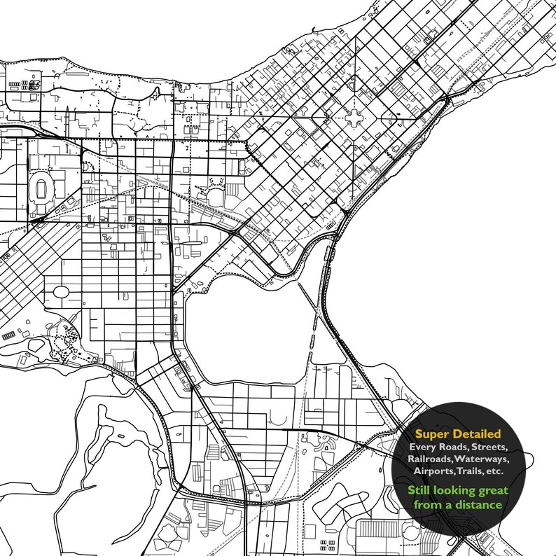 May include: Black and white line art map of a city with a lake and surrounding roads, streets, railroads, waterways, airports, trails, etc. The text "Super Detailed" and "Still looking great from a distance" is in a yellow box.
