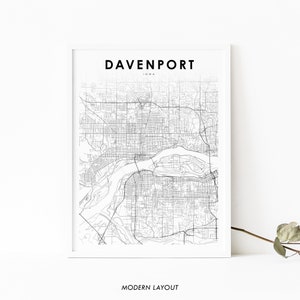 Davenport IA Map Print, Iowa USA Map Art Poster, Quad Cities, City Street Road Map Print, Nursery Room Wall Office Decor, Printable Map