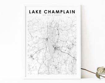 Lake Champlain NY VT Map Print, New York Vermont USA Map Art Poster, City Street Road Map Print, Nursery Room Wall Office Decor, Printable