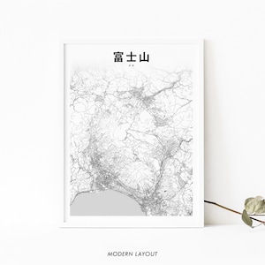 Puede incluir: Un mapa de una ciudad en blanco y negro con el texto "富士山" en caracteres japoneses en la parte superior. El mapa está enmarcado en un marco blanco y el texto "MODERN LAYOUT" está en la parte inferior de la imagen.