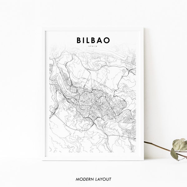 Impression de carte d'Espagne de Bilbao, affiche d'art de carte, basque de Biscaye de Bilbo, impression de carte routière de rue de ville, décor de bureau de mur de salle de pépinière, carte imprimable