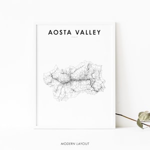 Valle d'Aosta Italië kaart print, Valle d'Aosta Italia wegenkaart art poster, Valle d'Aoste Italie kaart kunst, kamer kantoor muur decor, afdrukbare kaart