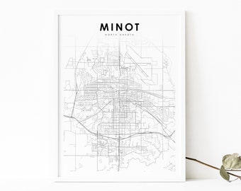 Minot ND Map Print, North Dakota USA Map Art Poster, Ward County, City Street Road Map Print, Nursery Room Wall Office Decor, Printable Map