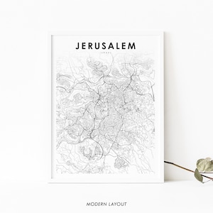 Impressão de mapa de Jerusalém Israel, pôster de arte de mapa, ירושלים ישראל Impressão de mapa de ruas da cidade, decoração de parede de quarto de berçário, mapa para impressão