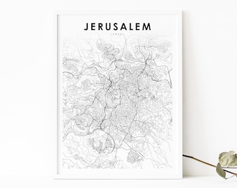 Jerusalem Israel Map Print, Map Art Poster, ירושלים ישראל City Street Road Map Print, Nursery Room Wall Office Decor, Printable Map