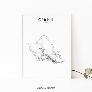 May include: A black and white line art map of the island of Oahu, Hawaii. The title "O'AHU" is printed above the map, with the word "HAWAII" printed in smaller font below the title. The words "MODERN LAYOUT" are printed below the map.