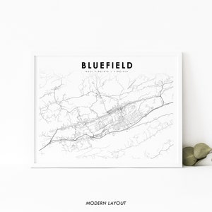Puede incluir: Un mapa de líneas en blanco y negro de Bluefield, Virginia Occidental. El mapa muestra las calles y carreteras de la ciudad. El texto "BLUEFIELD" y "WEST VIRGINIA / VIRGINIA" está impreso sobre el mapa. El texto "MODERN LAYOUT" está impreso debajo del mapa.