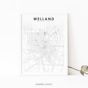 Stampa della mappa Welland Ontario, poster artistico della mappa ON Canada, Niagara, stampa della mappa stradale della città, decorazione dell'ufficio della parete della stanza della scuola materna, mappa stampabile