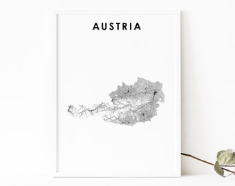 Austria Map Print, Country Road Map Poster, Republik Österreich Map Art, Nursery Room Wall Office Decor, Printable Map