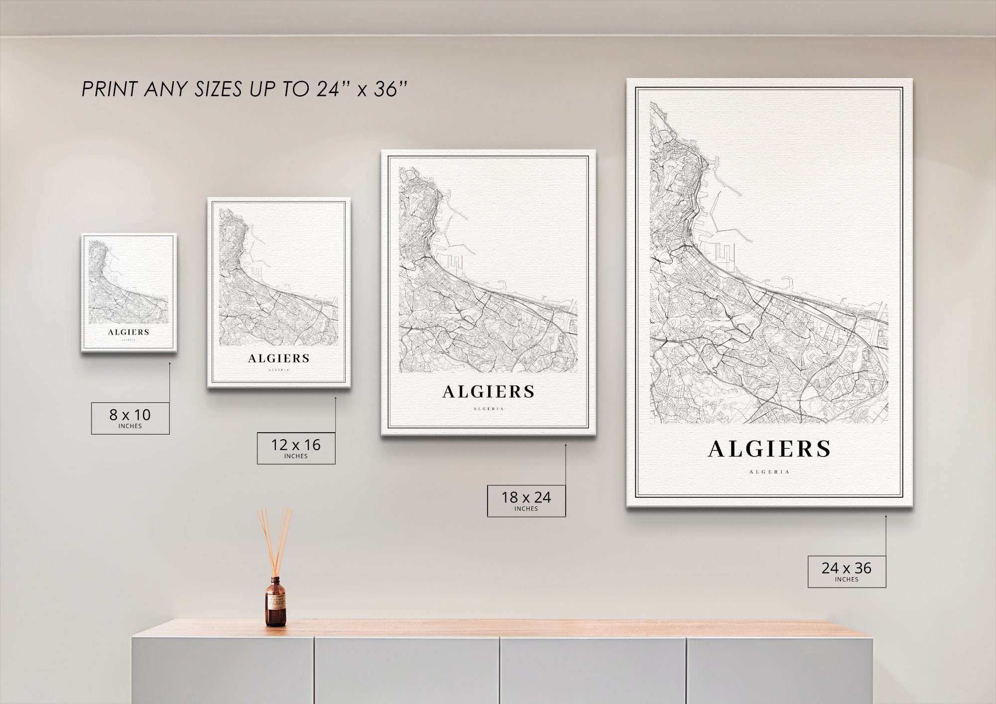 Algiers Algeria Map Print, Map Art Poster, الجزائر الجزائر Alger, City ...