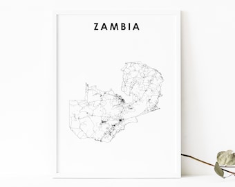Impresión de mapas de Zambia, cartel del mapa de carreteras del país, arte del mapa de África Oriental de Lusaka, decoración de la oficina de la pared de la guardería, mapa imprimible
