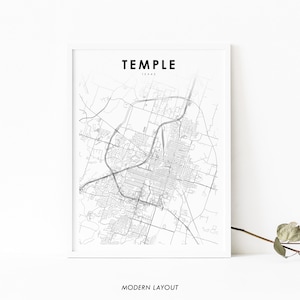 May include: A black and white line art map of Temple, Texas. The map shows the city's streets and roads. The text "TEMPLE" and "TEXAS" is printed above the map. The text "MODERN LAYOUT" is printed below the map.