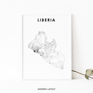 Impresión de mapas de Liberia, cartel del mapa de carreteras del país, arte del mapa de Monrovia África Occidental, decoración de la oficina de la pared de la guardería, mapa imprimible