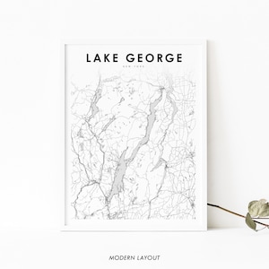 Lake George NY carte impression, New York USA carte Art affiche, Champlain, City Street Road Map Print, Nursery Room Office Wall Decor, carte imprimable