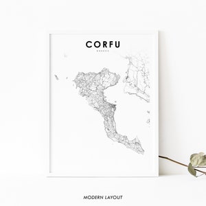 Korfu Insel Griechenland Karte Print, Kerkyra Karte Art Poster, griechisch Ionisch, Stadt Straße Karte Print, Kinderzimmer Wand Büro Dekor printable