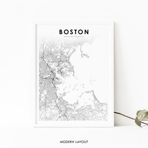 May include: A black and white line art map of Boston, Massachusetts. The map shows the city's streets, waterways, and landmarks. The title "BOSTON" and "MASSACHUSETTS" are printed in black at the top of the map. The words "MODERN LAYOUT" are printed in black at the bottom of the map.