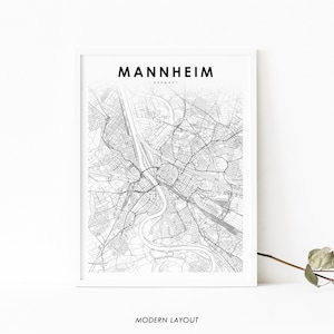 Impresión de mapas de Mannheim Alemania, cartel de arte de mapas, Baden-Württemberg DE, impresión de mapas de carreteras de la calle de la ciudad, decoración de la oficina de la pared de la guardería, mapa imprimible