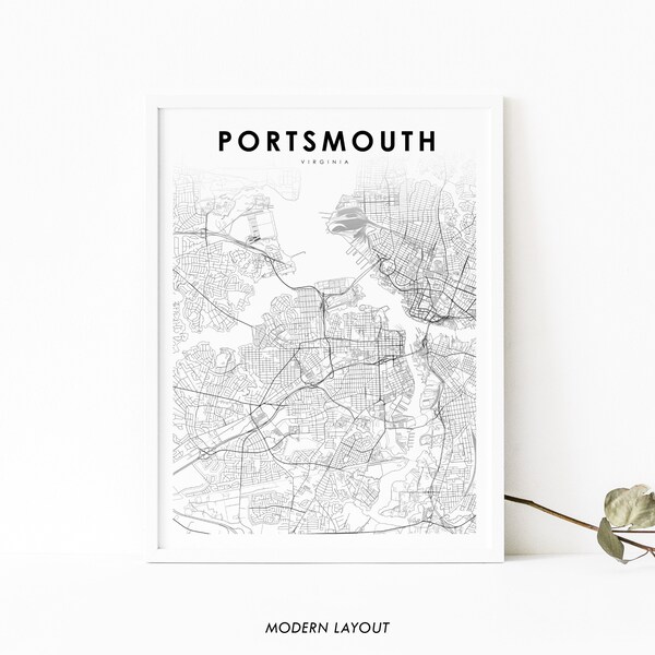 Impresión de mapas de Portsmouth VA, cartel de arte de mapas de Virginia EE. UU., Norfolk, impresión de mapas de carreteras de la calle de la ciudad, decoración de la oficina de la pared de la guardería, mapa imprimible