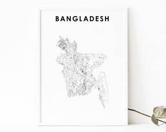 Impresión de mapas de Bangladesh, cartel del mapa de carreteras del país, Dhaka bengalí, arte del mapa, decoración de la oficina de la pared de la guardería, mapa imprimible