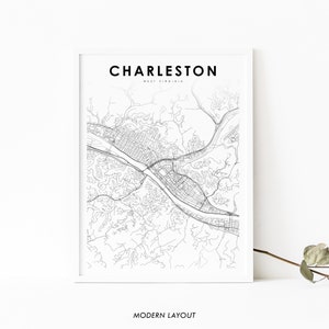 Könnte beinhalten: Ein gerahmter Schwarz-Weiß-Kartendruck von Charleston, West Virginia. Der Name der Stadt wird oben in einer fetten, serifenlosen Schriftart angezeigt, darunter "West Virginia". Die Worte "Modern Layout" stehen unten.