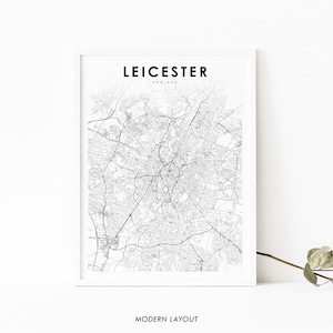 Impressão de mapa de Leicester Inglaterra, pôster de arte de mapa do Reino Unido e Reino Unido, impressão de mapa de estradas de ruas da cidade, decoração de parede de quarto de berçário, mapa para impressão