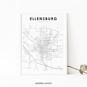 Ellensburg WA Kaart Print, Washington USA Kaart Art Poster, Kittitas, City Street Road Map Print, Kinderkamer Muur Kantoor Decor, Afdrukbare kaart