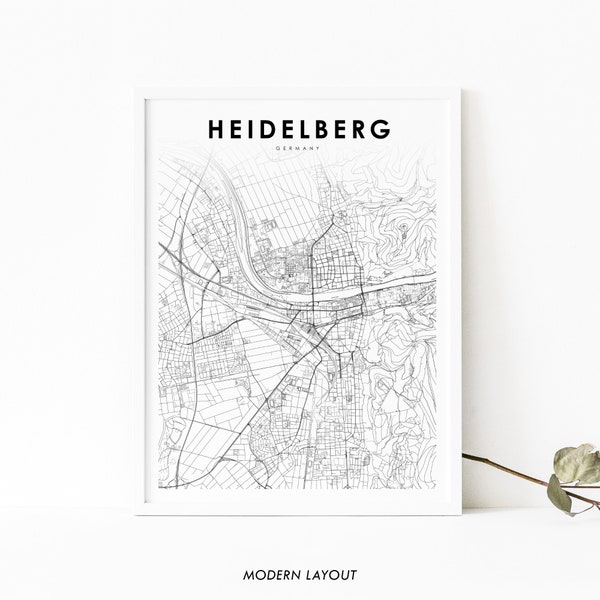 Heidelberg Germany Map Print, Map Art Poster, Baden-Württemberg Deutschland, City Street Road Map Print, Nursery Room Wall Office Decor