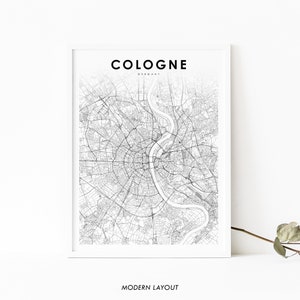 Impressão de mapa da área de Colônia Alemanha, pôster de arte de mapa de Köln Deutschland, impressão de mapa de estradas de ruas da cidade, decoração de parede de quarto de berçário, mapa para impressão