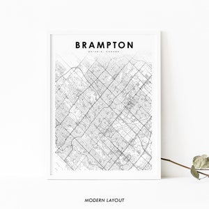 Impressão de mapa de Brampton Ontário, pôster de arte de mapa do Canadá, impressão de mapa de estradas de ruas da cidade, decoração de escritório de parede de berçário, mapa para impressão de Toronto