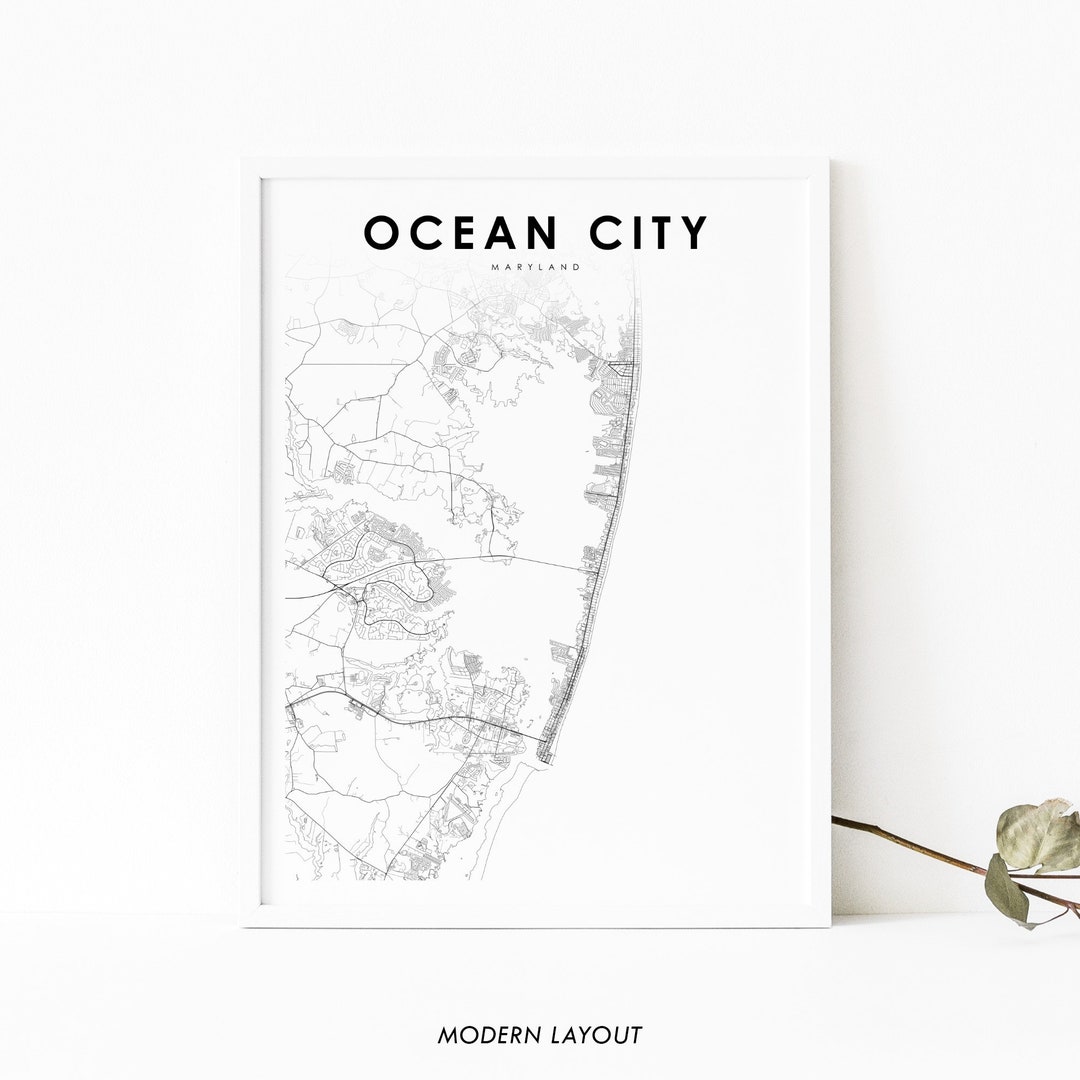 Ocean City MD Map Print, Maryland USA Map Art Poster, Worcester, City Road Street Map Print ...