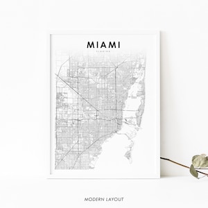 Impressão de mapa da área de Miami FL, pôster de arte de mapa da Flórida EUA, impressão de mapa de ruas de estradas da cidade, decoração de parede de quarto de berçário, mapa para impressão