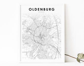 May include: A black and white city map print featuring the text "OLDENBURG, GERMANY" and "MODERN LAYOUT" at the top and bottom of the print. The map depicts the streets and roads of the city of Oldenburg, Germany.