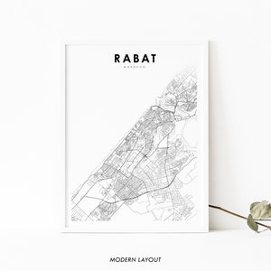 Impressão de mapa de Rabat Marrocos, pôster de arte de mapa, impressão de mapa de estrada de cidade, decoração de parede de quarto de berçário, mapa imprimível