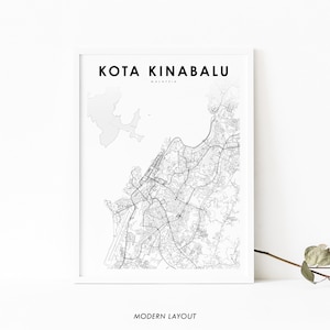 Impressão de mapa de Kota Kinabalu Malásia, pôster de arte de mapa, Jesselton Sabah, impressão de mapa de estradas de ruas da cidade, decoração de parede de quarto de berçário, mapa para impressão