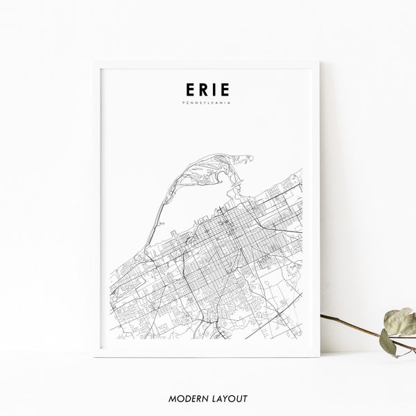 Erie PA Map Print, Pennsylvania USA Map Art Poster, Lake Erie, City Street Road Map Print, Nursery Room Wall Office Decor, Printable Map