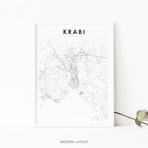 Impressão de mapa de Krabi Tailândia, pôster de arte de mapa, impressão de mapa de estrada de rua da cidade, decoração de parede de escritório de quarto de berçário, mapa minimalista e imprimível