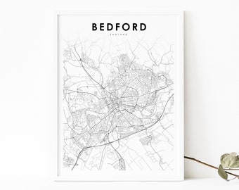 Stampa della mappa di Bedford Inghilterra, poster artistico della mappa del Regno Unito, stampa della mappa stradale della città, decorazione dell'ufficio della parete della stanza della scuola materna, mappa stampabile