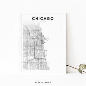 Impression de carte du centre-ville de Chicago IL, Illinois USA carte Art affiche, impression de carte routière de la rue de la ville, décor de bureau de mur de salle de pépinière, carte imprimable