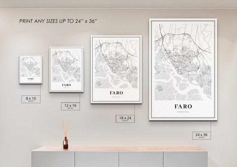 May include: A mockup of four different sizes of a black and white map print of Faro, Portugal. The print sizes are 8x10 inches, 12x16 inches, 18x24 inches, and 24x36 inches.