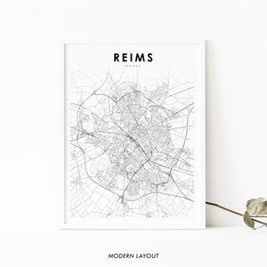 Impressão de mapa de Reims França, pôster de arte de mapa de Reims França, impressão de mapa de estradas da cidade de Riemen Marne, decoração de escritório de parede de quarto de berçário, mapa para impressão