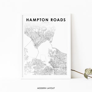 Hampton Roads VA Map Print, Virginia USA Map Art Poster, City Street Road Map Print, Kinderkamer Muur Kantoor Decor, Afdrukbare kaart